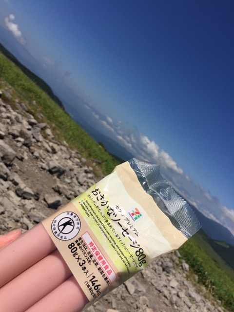霧ヶ峰高原車山湿原蝶々深山にて食べるおさかなのソーセージの画像